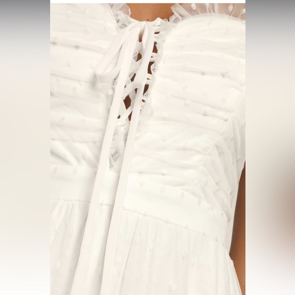 LuLus White Swiss Dot Tie-Strap Lace-Up Tiered Midi Dress - Picture 3 of 6